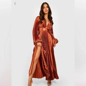Boohoo Rust Orange Long Sleeve Maxi Dress